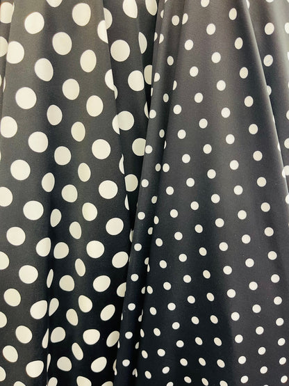 Polka dots design print on best quality of nylon spandex 4-way stretch 58/60” Sold by the YD. Ships Worldwide from Los Ángeles California