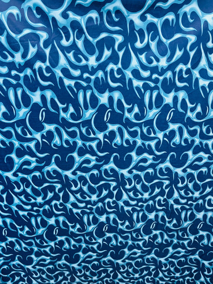 New Modern abstract flames design Blue color print on best quality of nylon spandex 4-way stretch 58/60” Sold by the YD. Ships Worldwide