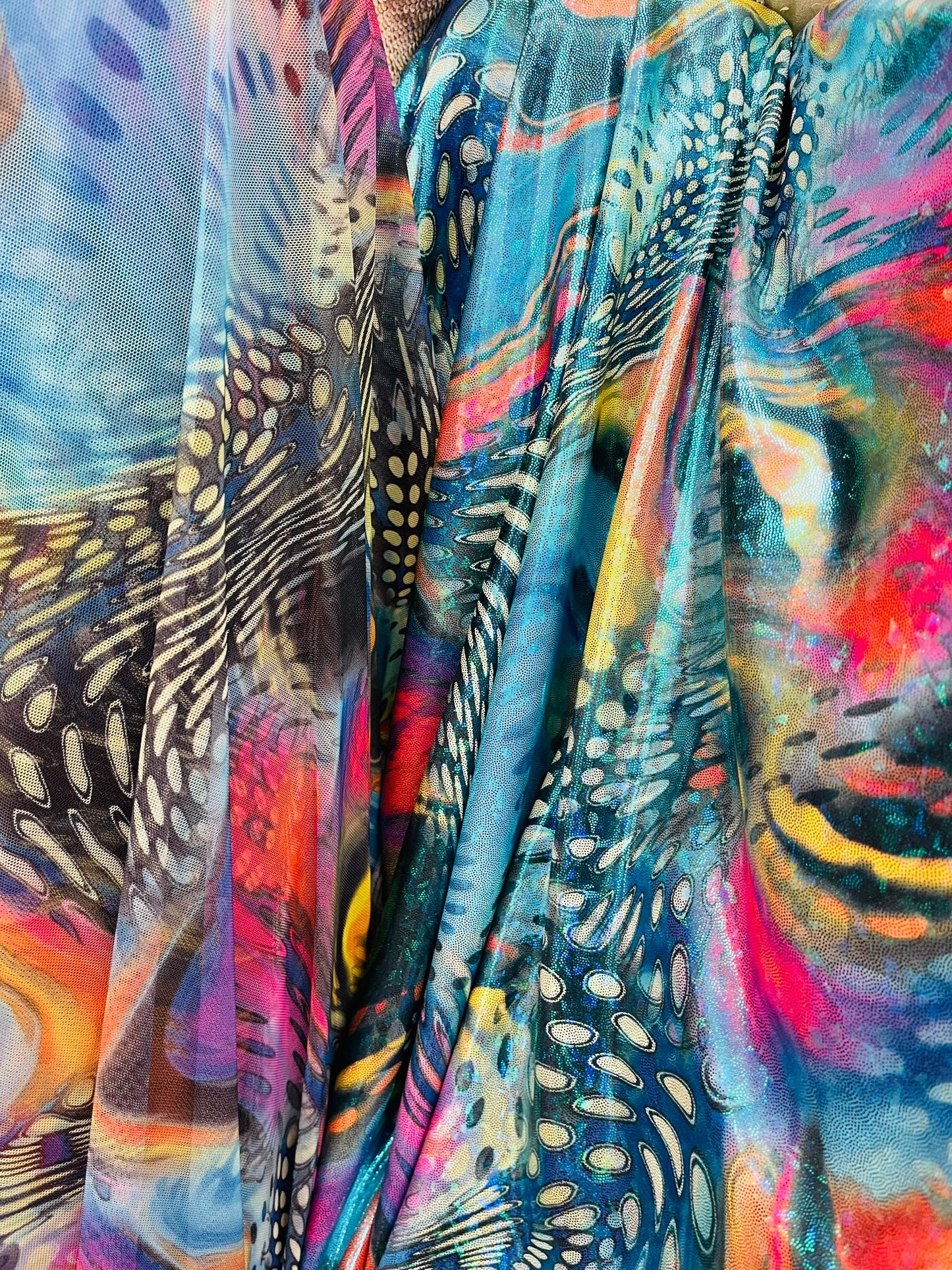 Safari abstract design hologram nylon spandex and print power mesh 4-way stretch 58/60” Sold by the YD. Ships Worldwide from Los Ángeles CA