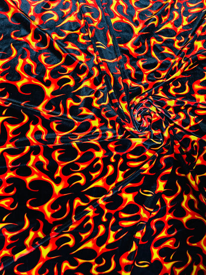 NEW Fire design Black/Red/Orange print on great quality of stretch velvet 4-way stretch 58/60” Sold by the YD. Ships Worldwide from L.A CA