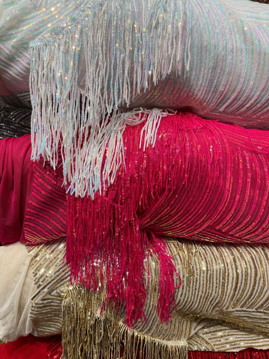 New Sexy Luxury Hanging sequins Bella design 2-way stretch 58/60” Sold by the YD. Ships worldwide from Los Angeles California USA.