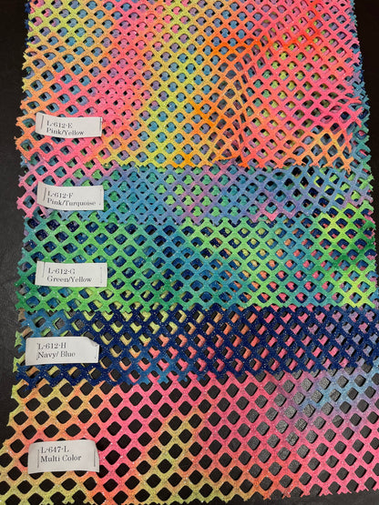 New Diamond Tie Dye fishnet Multicolor 4-way stretch 58/60” Sold by the YD. Ships Worldwide from Los Angeles California USA.