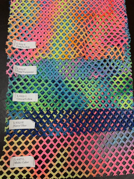 New Diamond Tie Dye fishnet Multicolor 4-way stretch 58/60” Sold by the YD. Ships Worldwide from Los Angeles California USA.