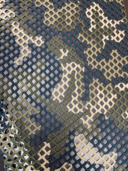 New Camouflage design print on diamond fishnet 4-way stretch 58/60” Sold by the YD. Ships Worldwide from Los Angeles California USA.