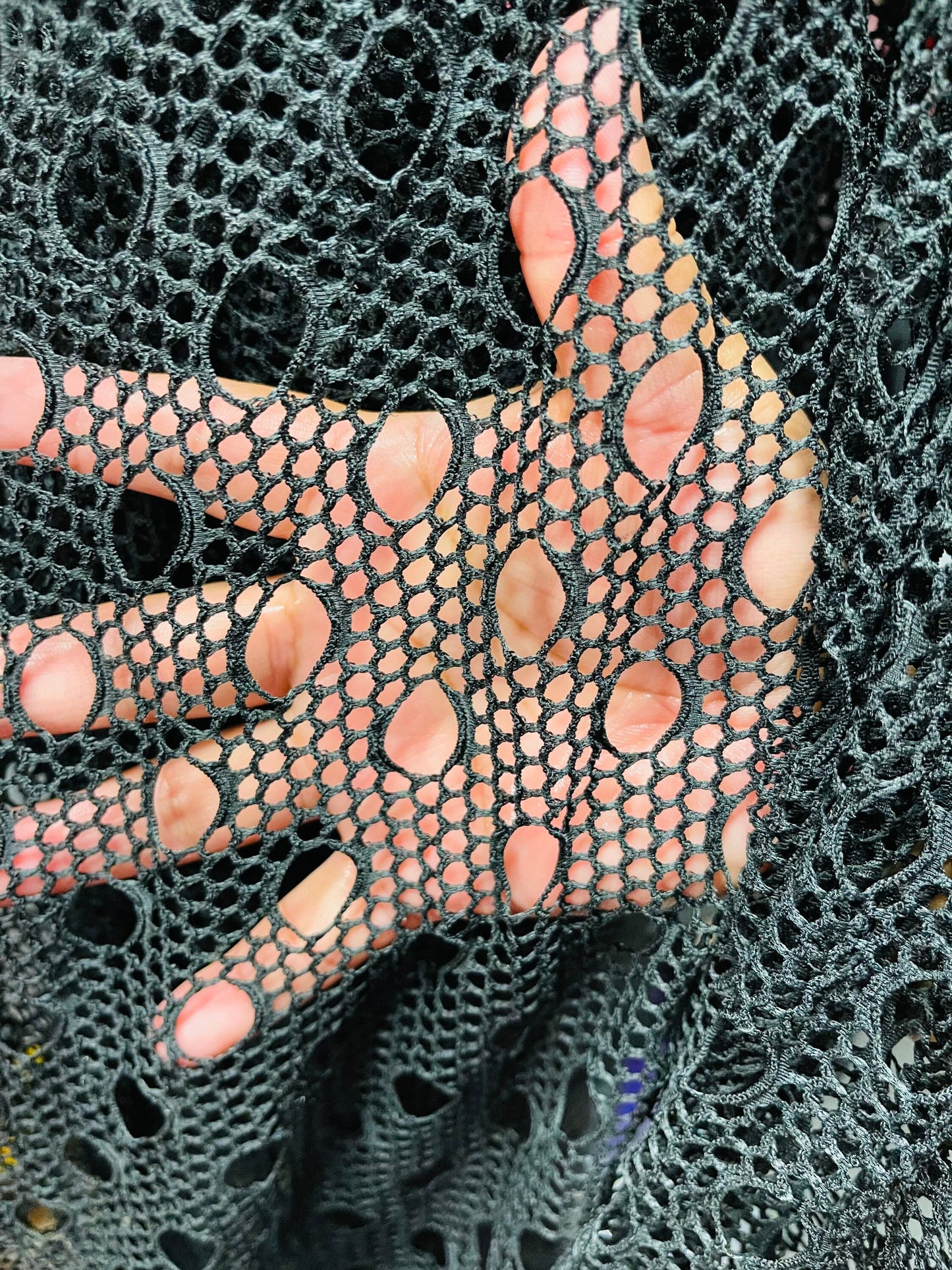 New Black fishnet geometric design 4-way stretch 58/60” Sold by the YD. Ships Worldwide from Los Angeles California USA.