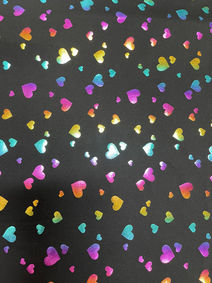 New Hearts design Black/Rainbow print on Nylon spandex 4-way stretch 58/60” Sold by the YD. Ships Worldwide from Los Angeles California USA.