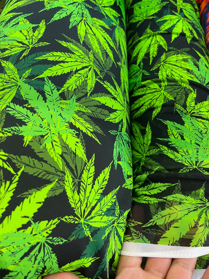 New Marihuana leaf design print on best quality of nylon Spandex and power mesh 4-way stretch 58/60” Sold by the YD. Ships   Worldwide.