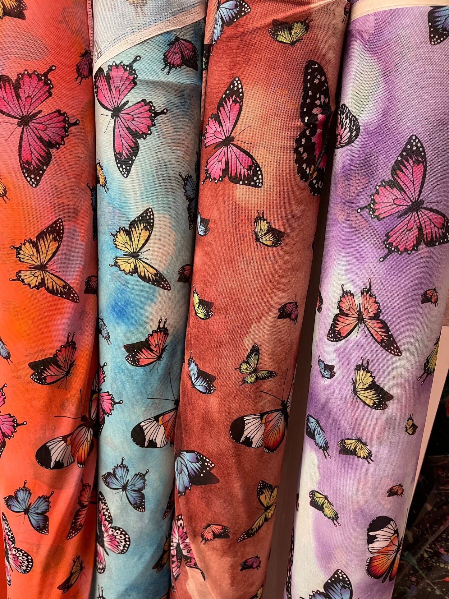 New Exotic Butterfly design print on best quality of nylon power mesh  4-way stretch 58/60” Sold by the YD. Ships Worldwide from Los Ángeles