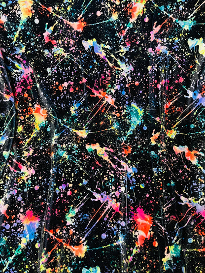 New splatter paint design Black/Multicolor print on best quality of stretch velvet 4-way stretch 58/60” Sold by the YD. Ships worldwide
