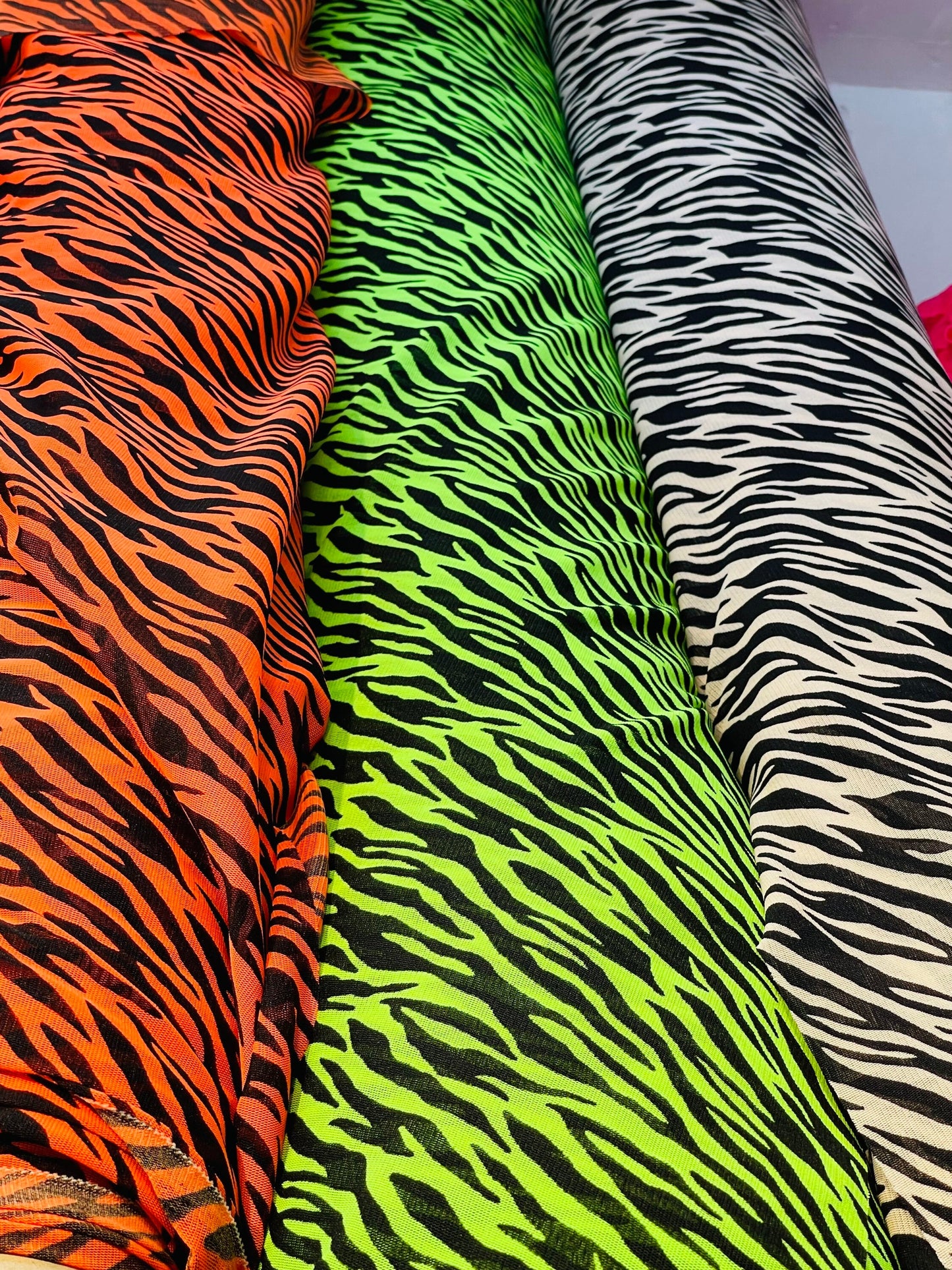 New Exotic Zebra design print on great quality of stretch mesh 4-way 58/60” Sold by the YD. Ships Worldwide from Los Angeles California USA.