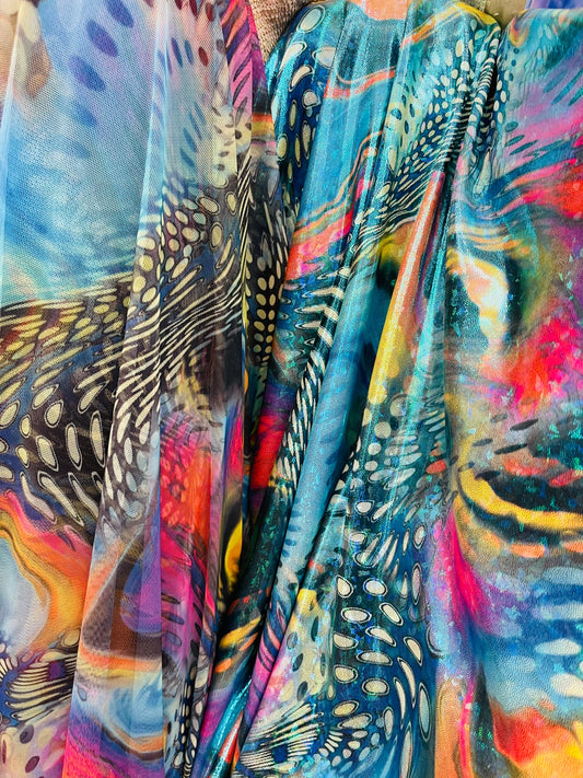 Safari abstract design hologram nylon spandex and print power mesh 4-way stretch 58/60” Sold by the YD. Ships Worldwide from Los Ángeles CA