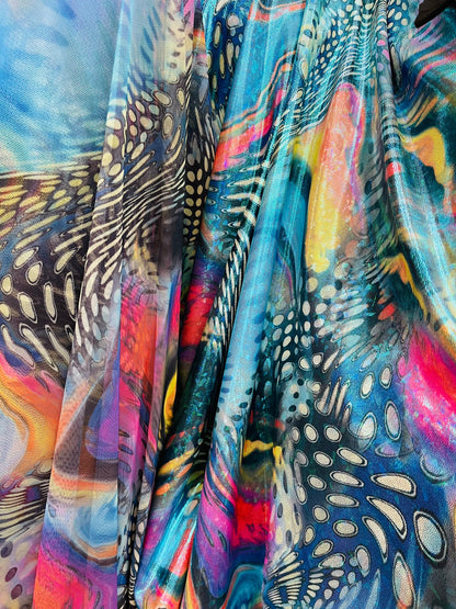 Safari abstract design hologram nylon spandex and print power mesh 4-way stretch 58/60” Sold by the YD. Ships Worldwide from Los Ángeles CA