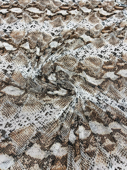 Exotic Snake design print of great quality of nylon power mesh 4-way stretch 58/60” Sold by the YD. Ships Worldwide from Los Angeles CA.