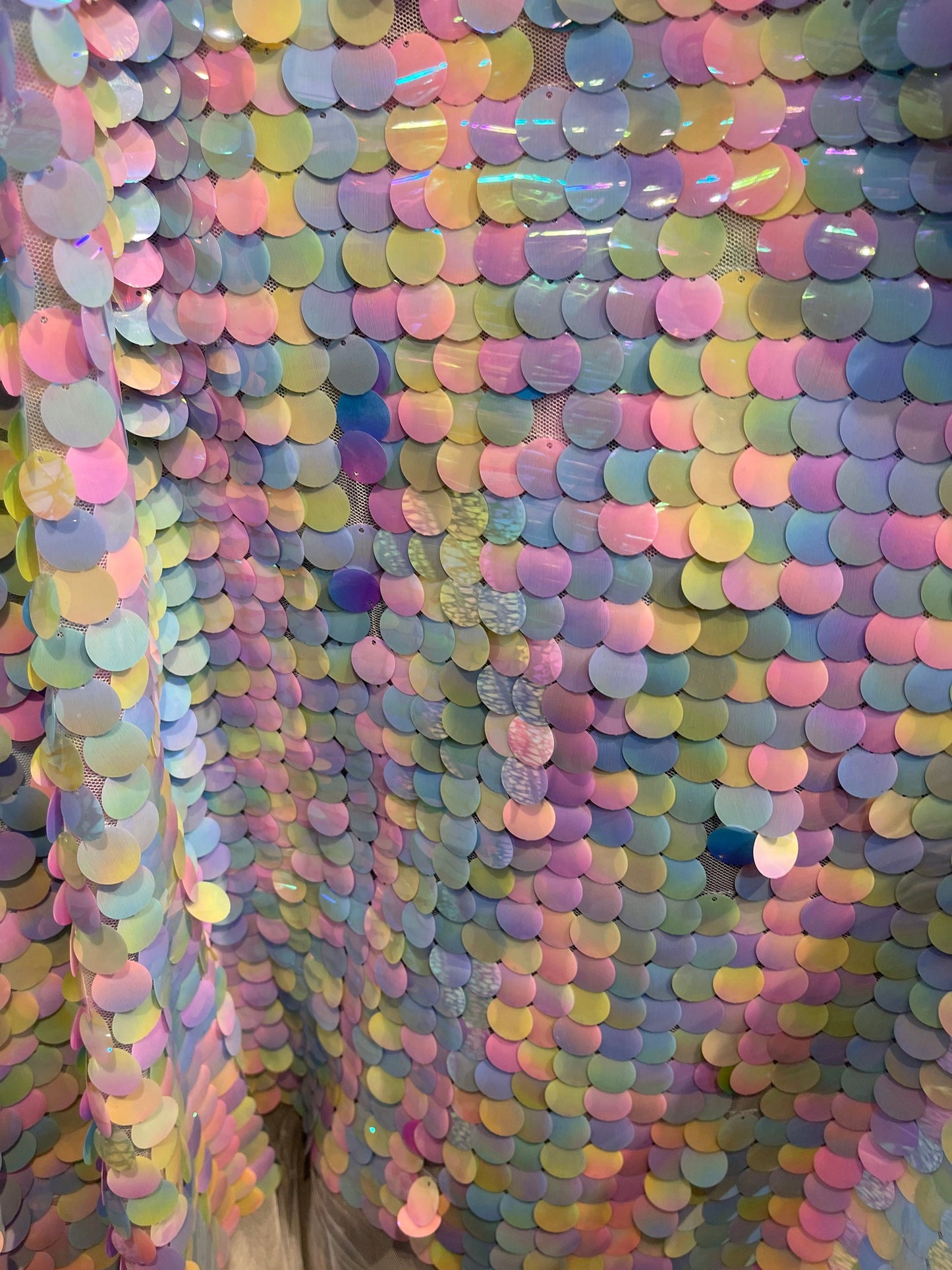 New Unicorn Paillette sequins on stretch mesh 2-way stretch 58/60” Sold by the YD. Ships Worldwide from Los Angeles California USA.