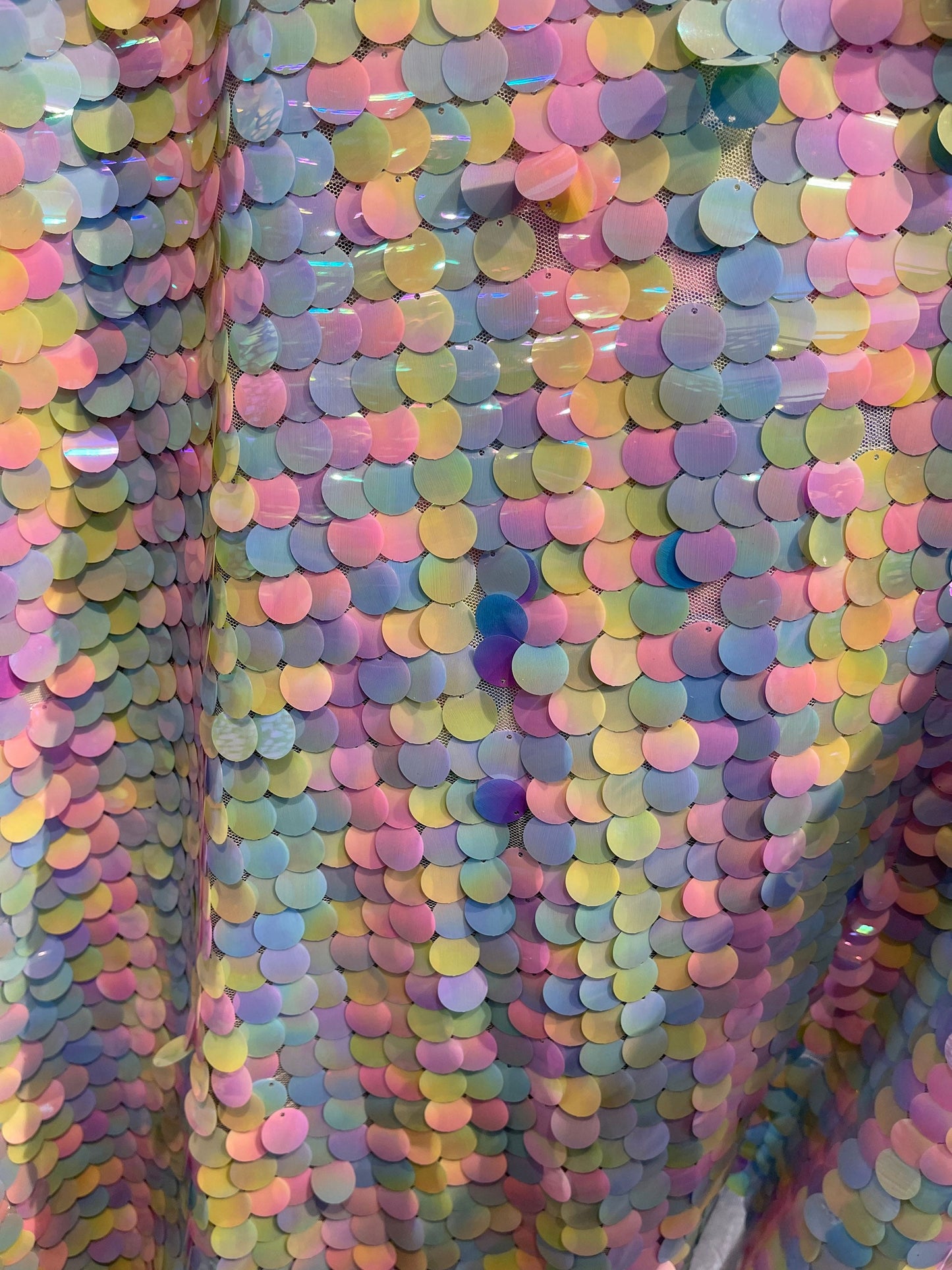 New Unicorn Paillette sequins on stretch mesh 2-way stretch 58/60” Sold by the YD. Ships Worldwide from Los Angeles California USA.