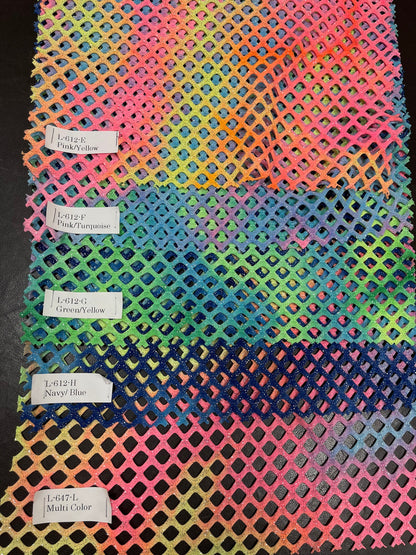 New Diamond Tie Dye fishnet Multicolor 4-way stretch 58/60” Sold by the YD. Ships Worldwide from Los Angeles California USA.