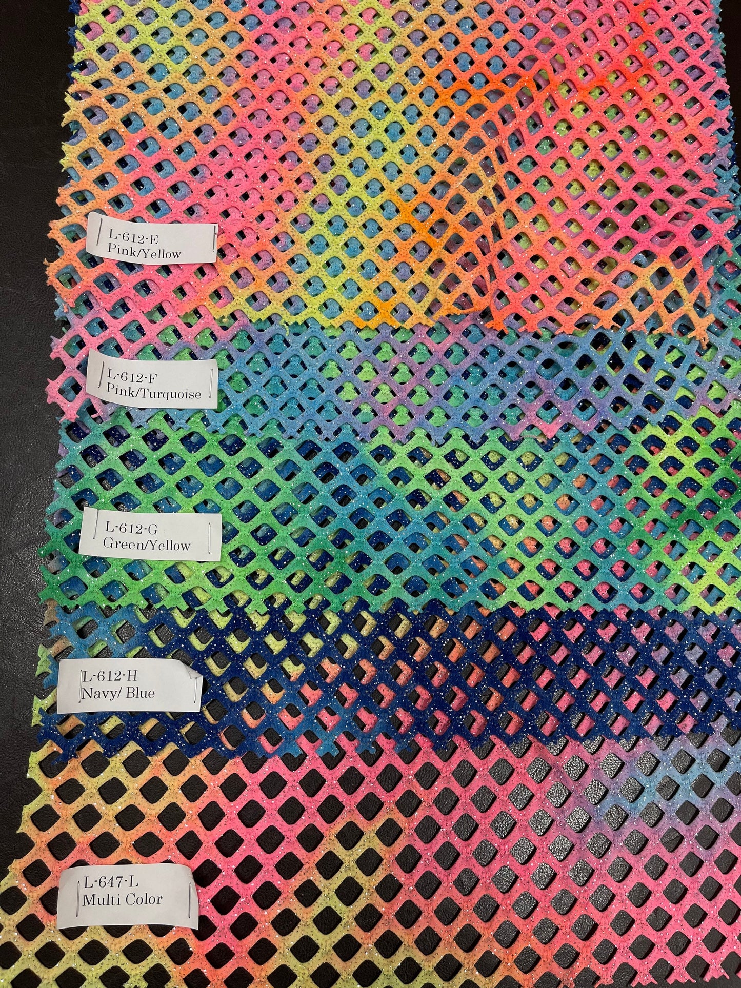 New Diamond Tie Dye fishnet Multicolor 4-way stretch 58/60” Sold by the YD. Ships Worldwide from Los Angeles California USA.