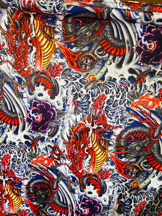 New Exotic Tattoo Dragon design Multicolor print on best quality of Nylon Spandex 4-way stretch 58/60” Sold by the YD. Ships Worldwide