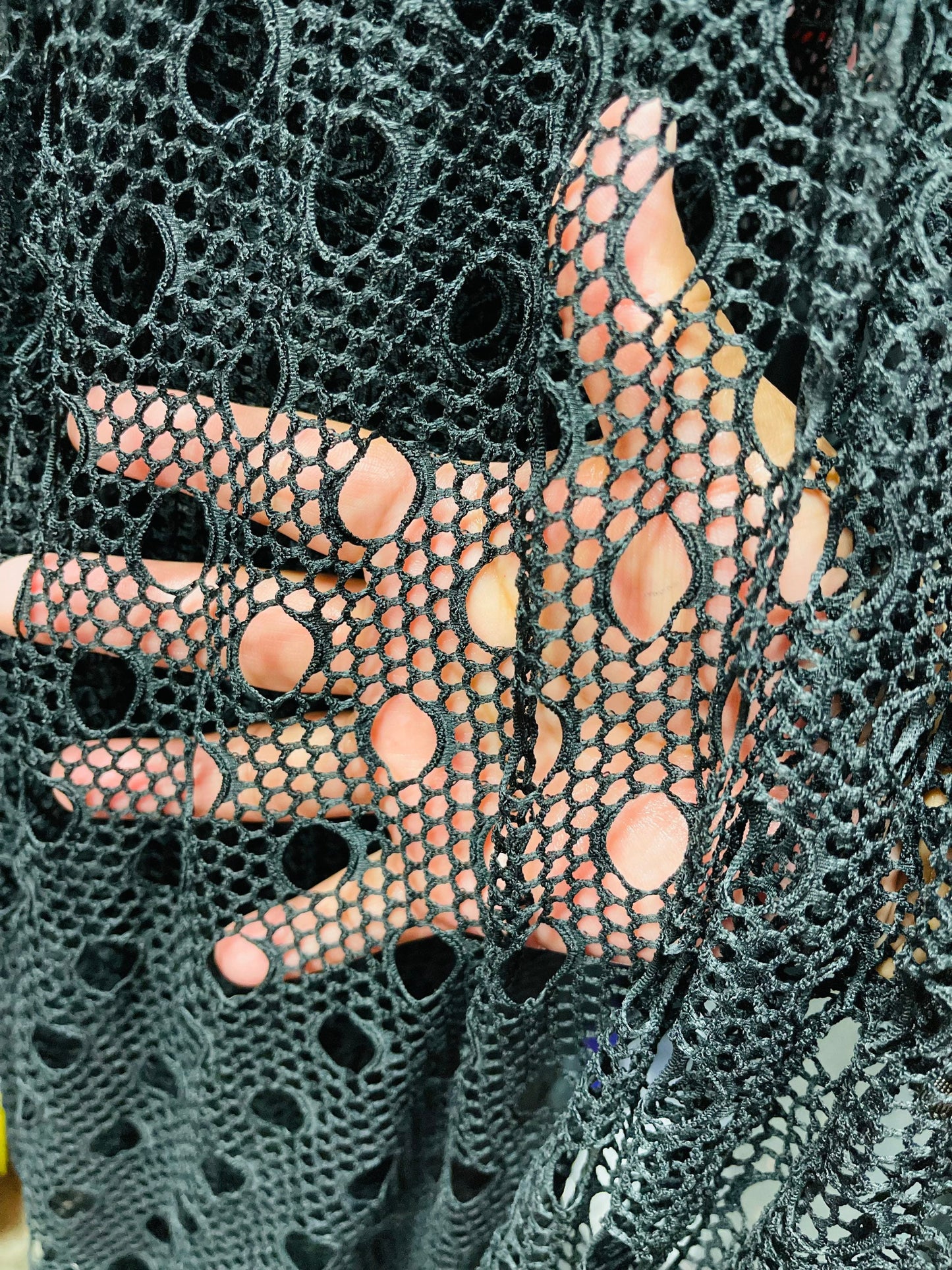 New Black and Coral  fishnet geometric design 4-way stretch 58/60” Sold by the YD. Ships Worldwide from Los Angeles California USA.