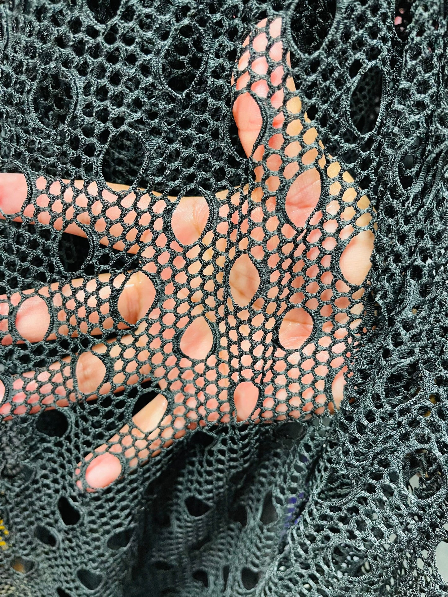 New Black fishnet geometric design 4-way stretch 58/60” Sold by the YD. Ships Worldwide from Los Angeles California USA.