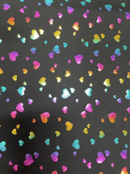 New Hearts design Black/Rainbow print on Nylon spandex 4-way stretch 58/60” Sold by the YD. Ships Worldwide from Los Angeles California USA.