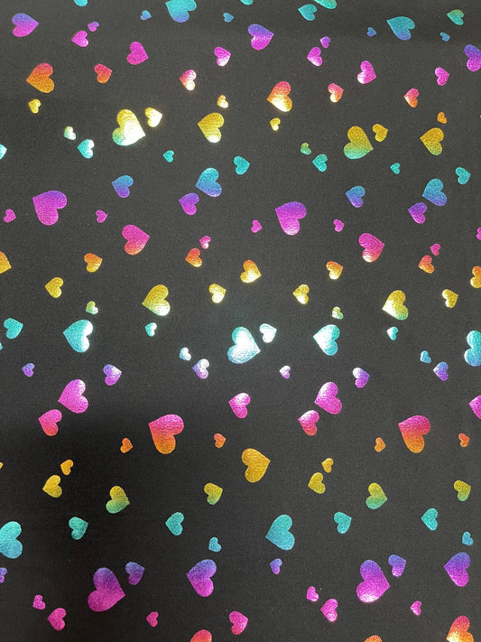 New Hearts design Black/Rainbow print on Nylon spandex 4-way stretch 58/60” Sold by the YD. Ships Worldwide from Los Angeles California USA.