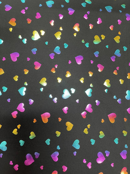 New Hearts design Black/Rainbow print on Nylon spandex 4-way stretch 58/60” Sold by the YD. Ships Worldwide from Los Angeles California USA.