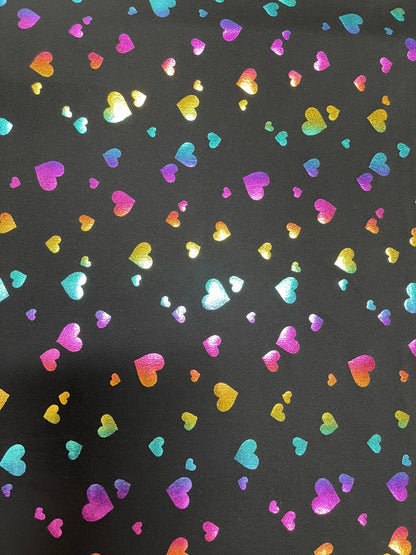 New Hearts design Black/Rainbow print on Nylon spandex 4-way stretch 58/60” Sold by the YD. Ships Worldwide from Los Angeles California USA.