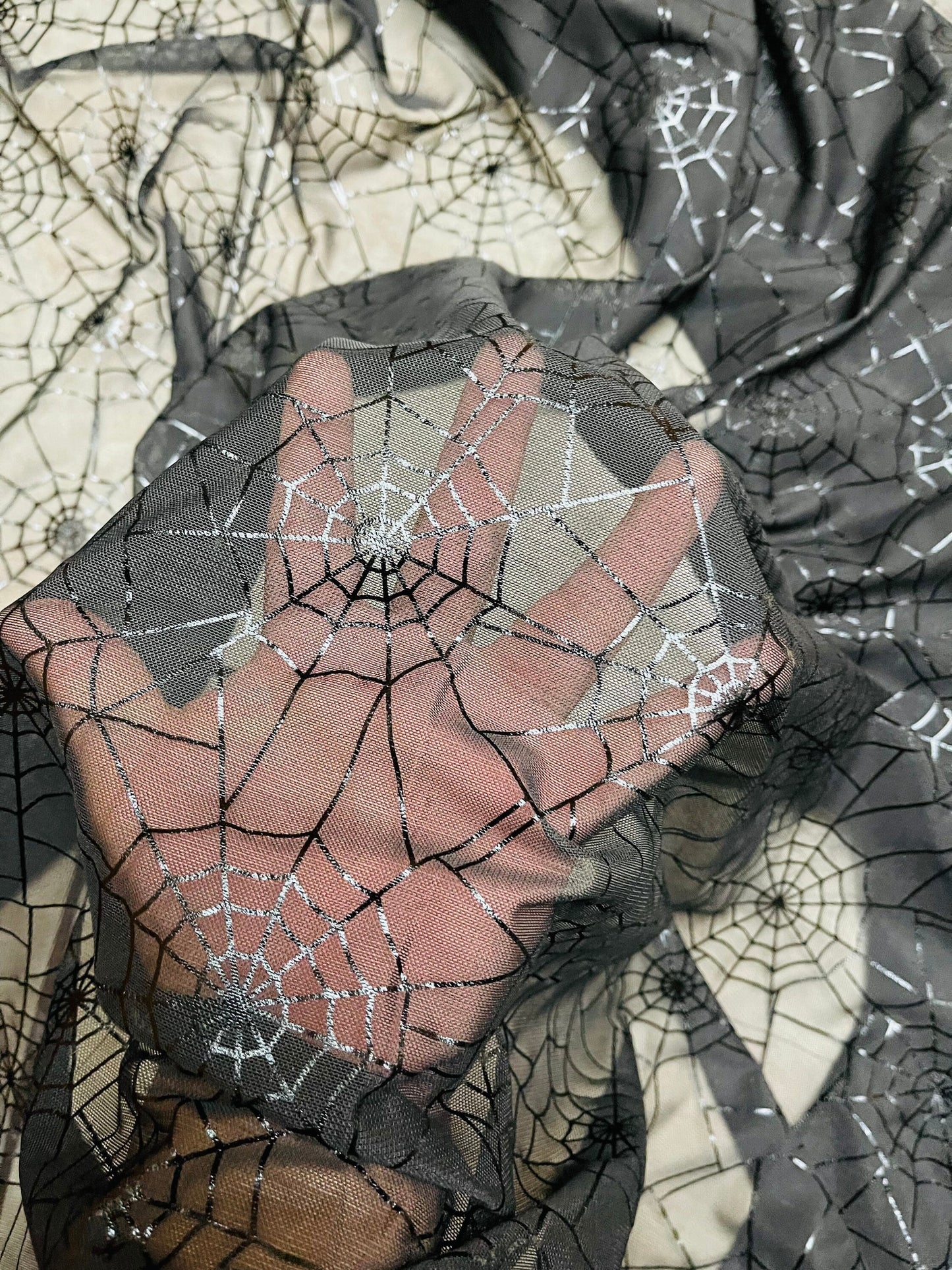 Spiderweb design metallic print on great quality of nylon power mesh 4-way stretch 58/60” Sold by the YD. Ships Worldwide from Los Angeles