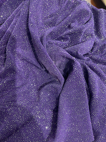 Selena design purple/silver poly spandex with glitter all over 4-way stretch 58/60” Sold by the YD. Ships Worldwide from Los Angeles CA