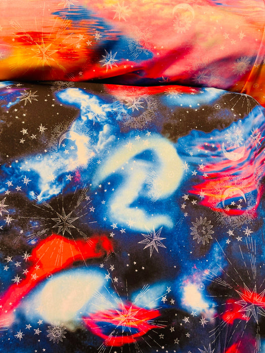 New Tie Dye celestial design print on great quality of nylon spandex 4-way stretch 58/60” Sold by the YD. Ships Worldwide from Los Angeles