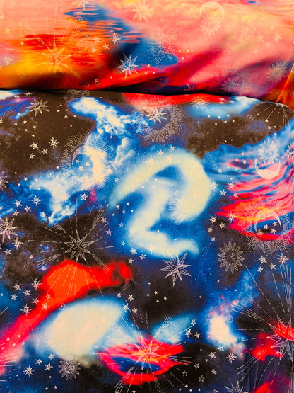 New Tie Dye celestial design print on great quality of nylon spandex 4-way stretch 58/60” Sold by the YD. Ships Worldwide from Los Angeles