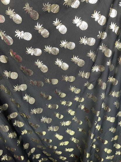 New Pineapple design metallic poly spandex 4-way stretch 58/60” Sold by the YD. Ships Worldwide from Los Angeles California USA.