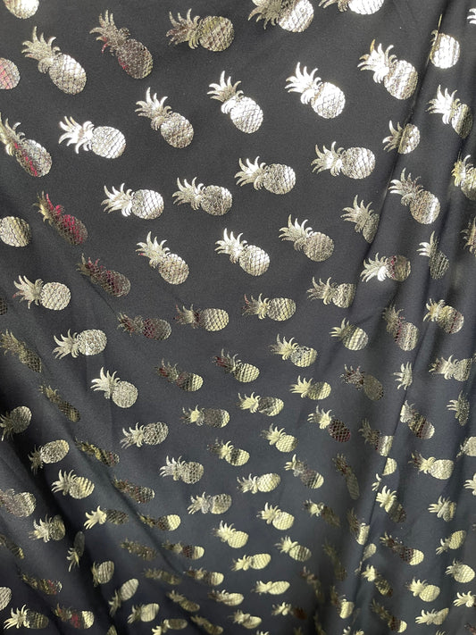 New Pineapple design metallic poly spandex 4-way stretch 58/60” Sold by the YD. Ships Worldwide from Los Angeles California USA.
