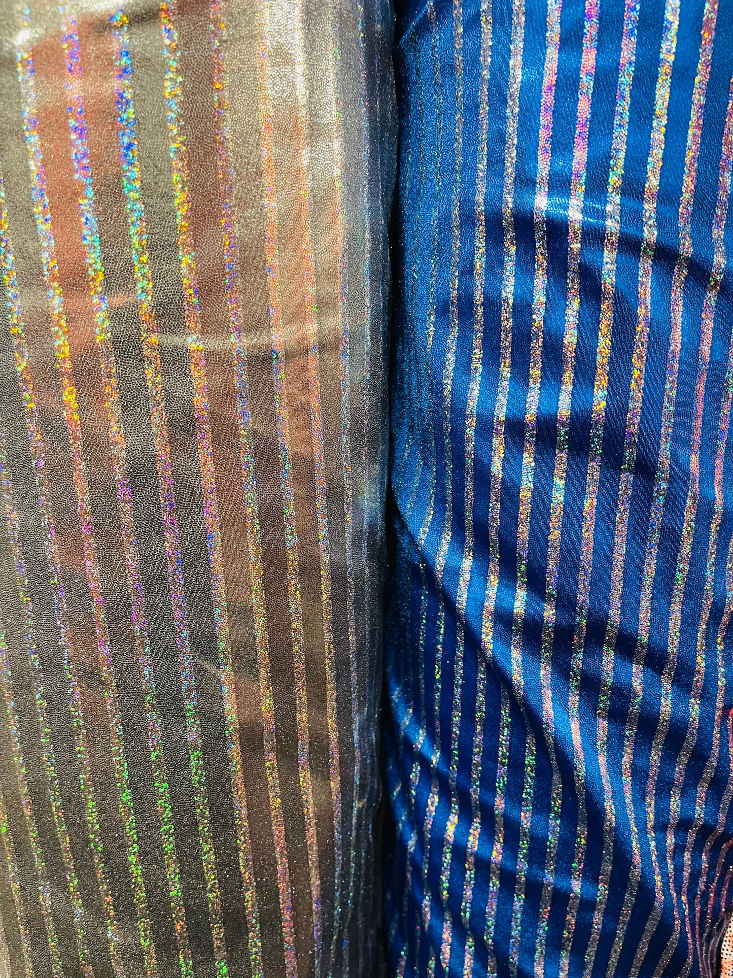 New striped metallic foggy foil hologram metallic nylon spandex 4-way stretch 58/60” Sold by the YD. Ships Worldwide from Los Angeles CA