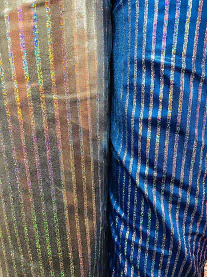 New striped metallic foggy foil hologram metallic nylon spandex 4-way stretch 58/60” Sold by the YD. Ships Worldwide from Los Angeles CA