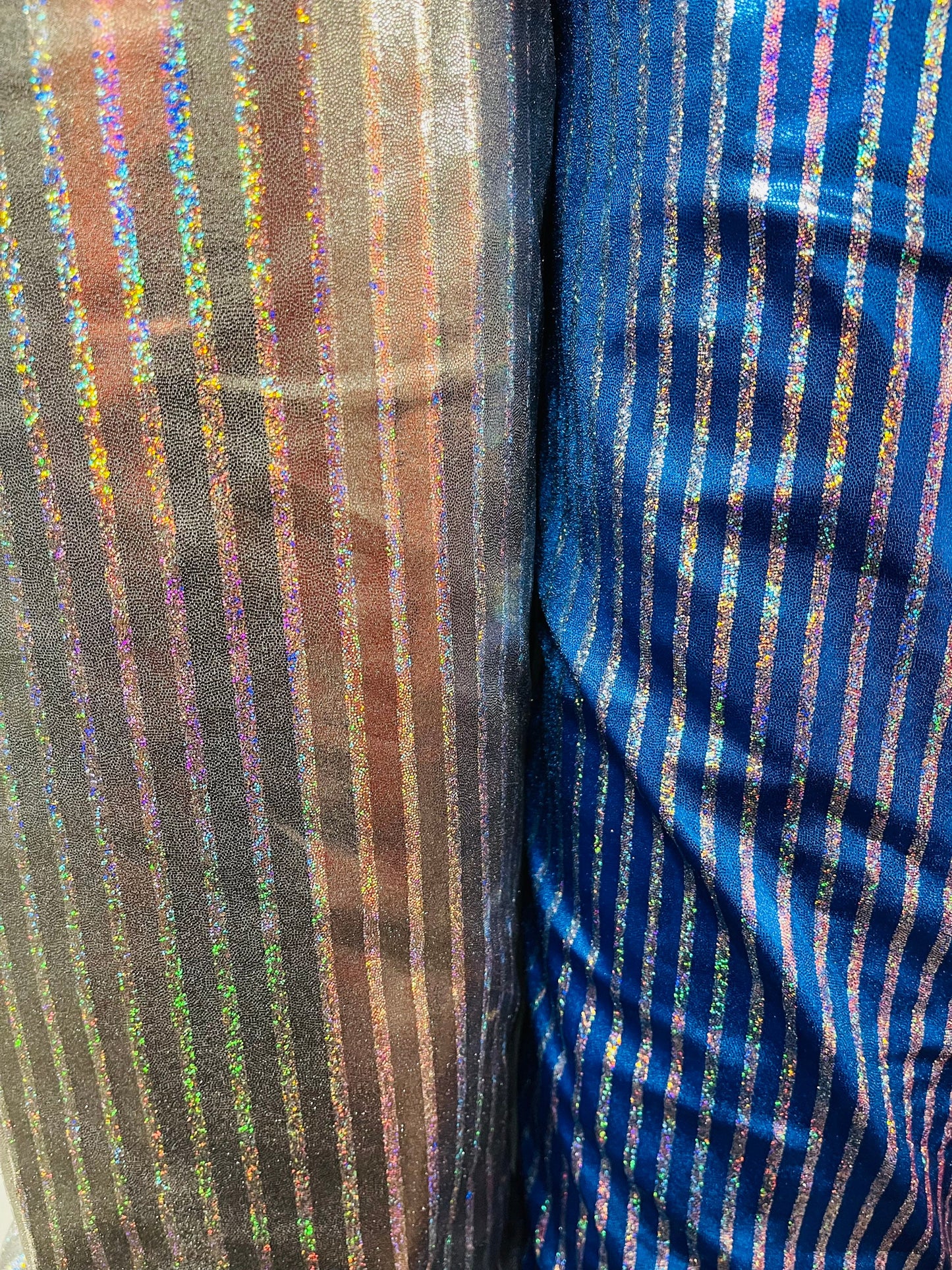 New striped metallic foggy foil hologram metallic nylon spandex 4-way stretch 58/60” Sold by the YD. Ships Worldwide from Los Angeles CA