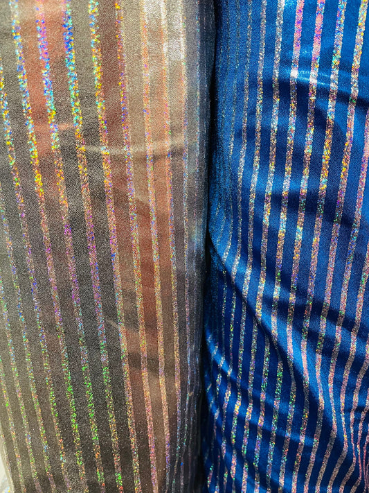 New striped metallic foggy foil hologram metallic nylon spandex 4-way stretch 58/60” Sold by the YD. Ships Worldwide from Los Angeles CA