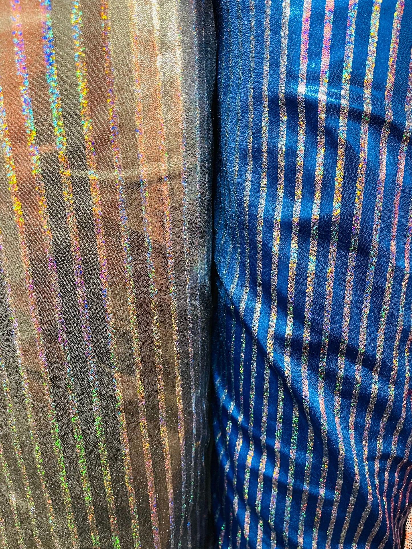 New striped metallic foggy foil hologram metallic nylon spandex 4-way stretch 58/60” Sold by the YD. Ships Worldwide from Los Angeles CA