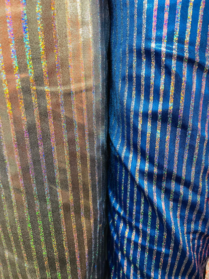 New striped metallic foggy foil hologram metallic nylon spandex 4-way stretch 58/60” Sold by the YD. Ships Worldwide from Los Angeles CA