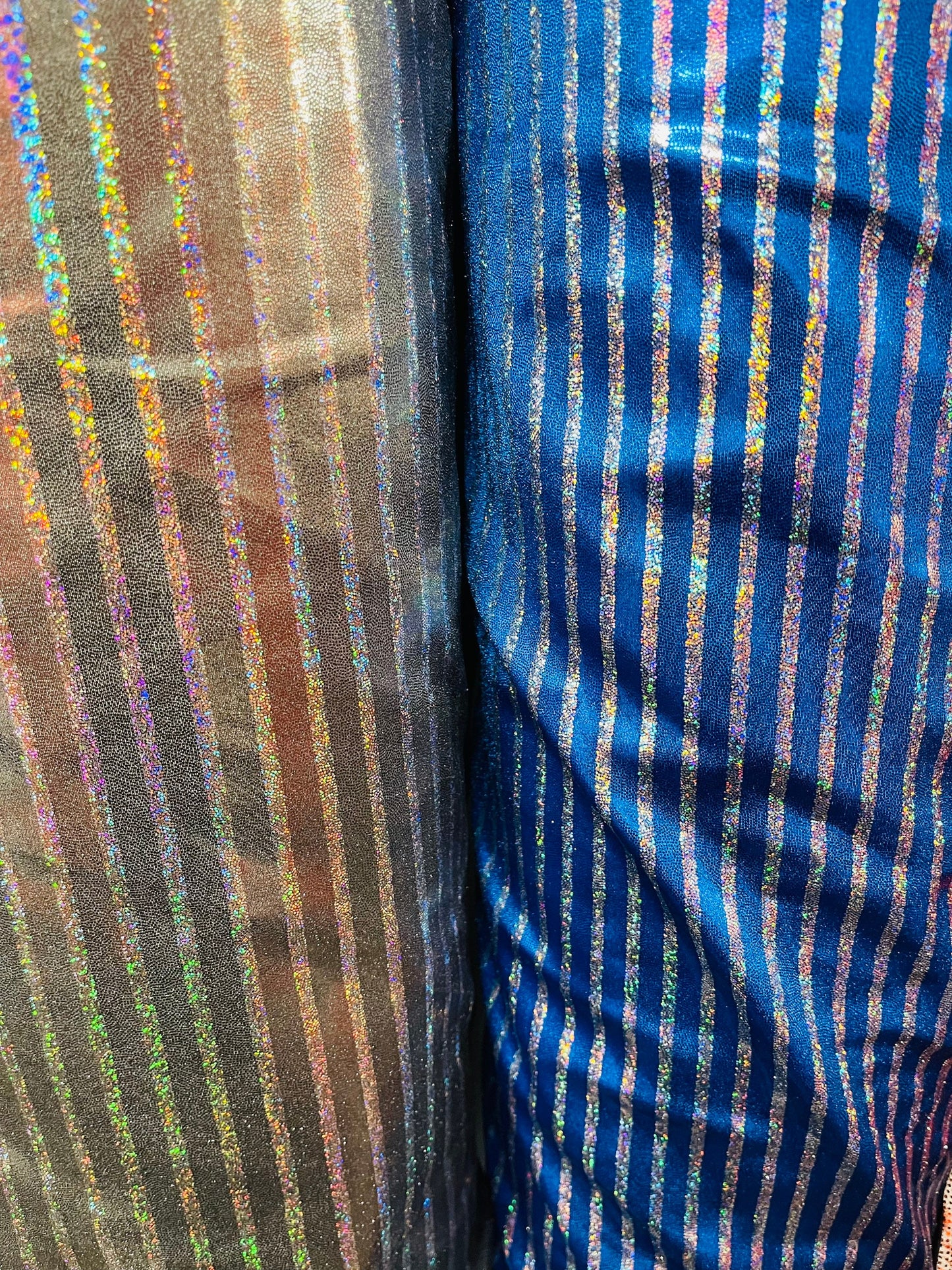 New striped metallic foggy foil hologram metallic nylon spandex 4-way stretch 58/60” Sold by the YD. Ships Worldwide from Los Angeles CA