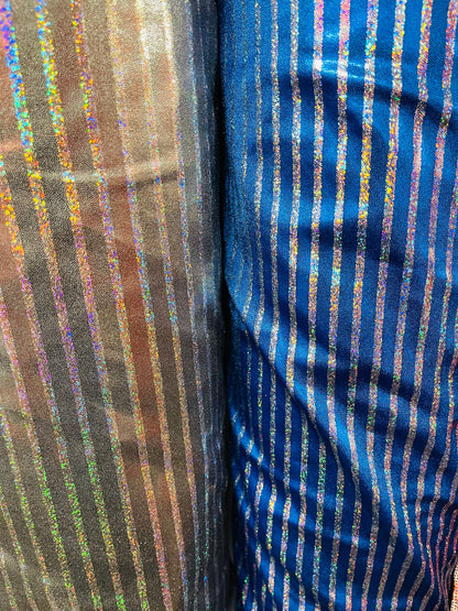 New striped metallic foggy foil hologram metallic nylon spandex 4-way stretch 58/60” Sold by the YD. Ships Worldwide from Los Angeles CA