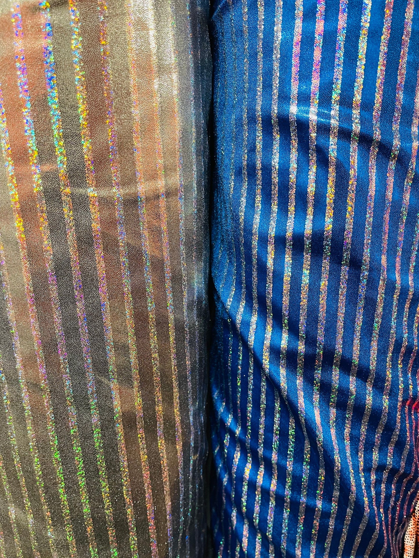 New striped metallic foggy foil hologram metallic nylon spandex 4-way stretch 58/60” Sold by the YD. Ships Worldwide from Los Angeles CA