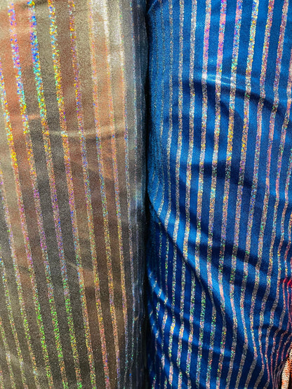 New striped metallic foggy foil hologram metallic nylon spandex 4-way stretch 58/60” Sold by the YD. Ships Worldwide from Los Angeles CA