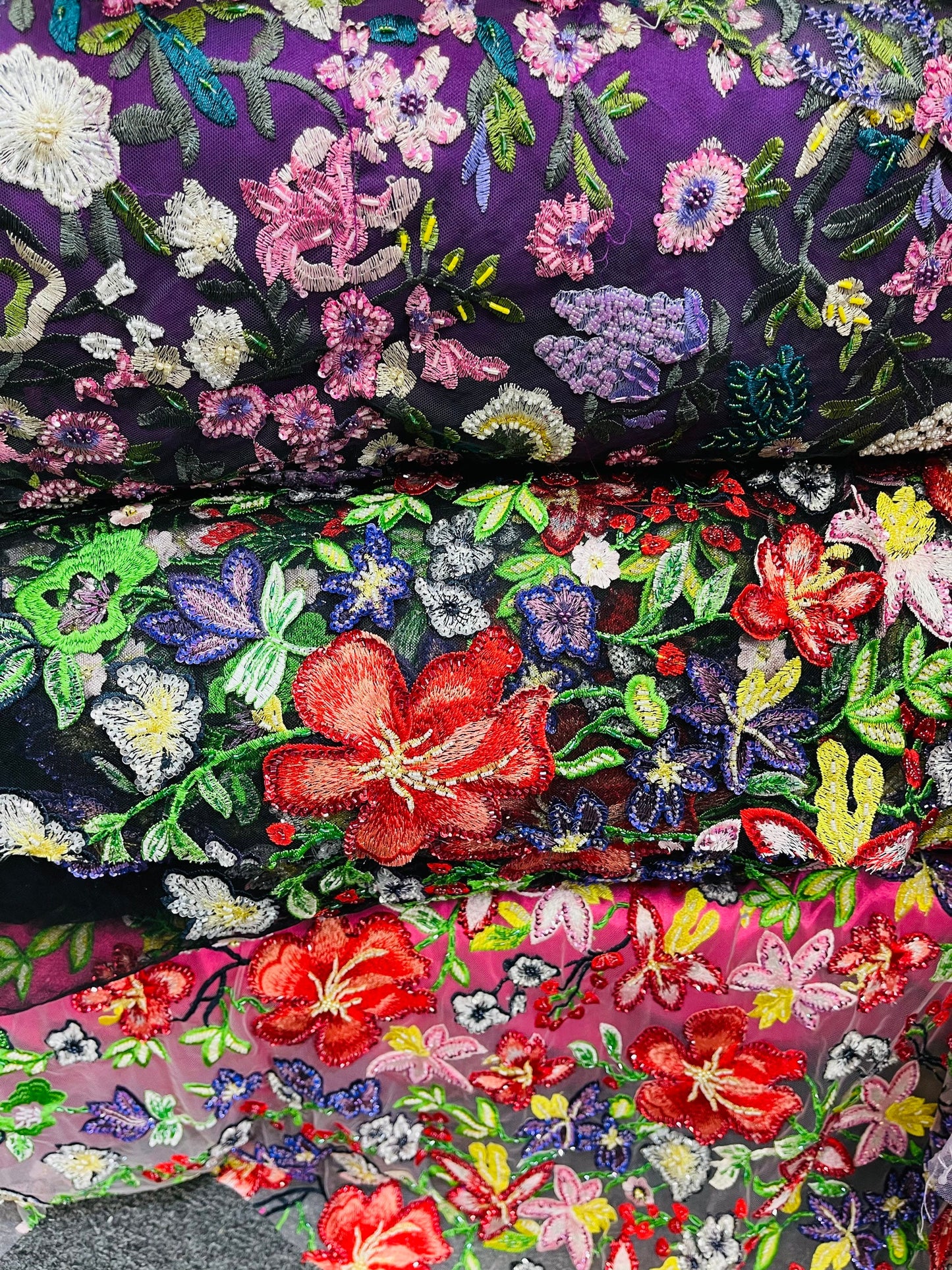 New embroidery lace beaded hand made flower design 2 way stretch 54/55” Sold by the YD. Ships worldwide from Los Angeles California USA