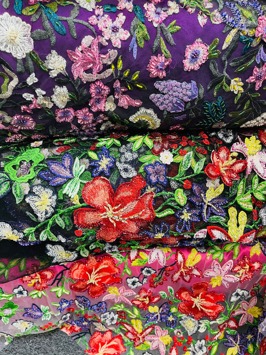 New embroidery lace beaded hand made flower design 2 way stretch 54/55” Sold by the YD. Ships worldwide from Los Angeles California USA