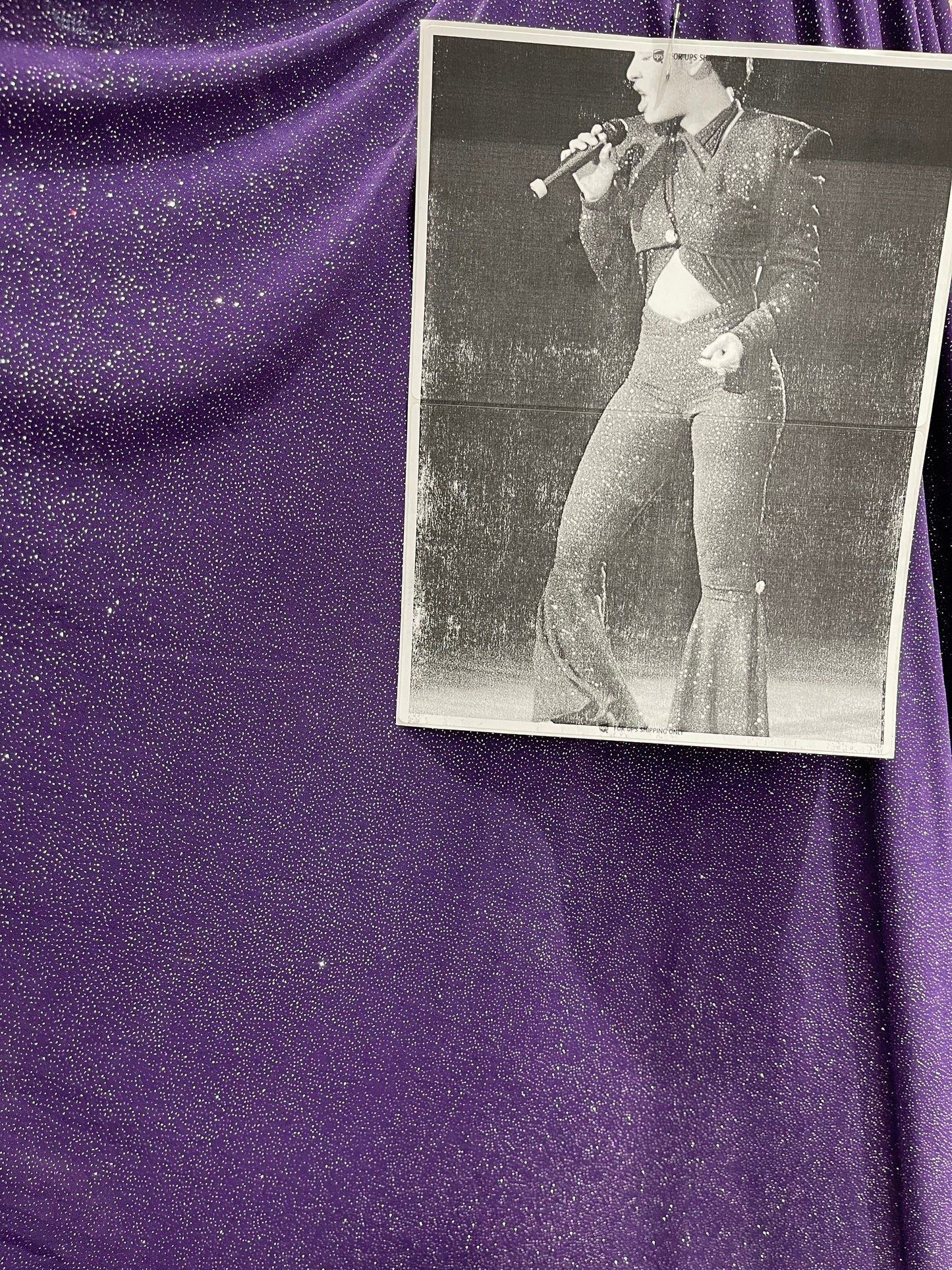 Selena design purple/silver poly spandex with glitter all over 4-way stretch 58/60” Sold by the YD. Ships Worldwide from Los Angeles CA