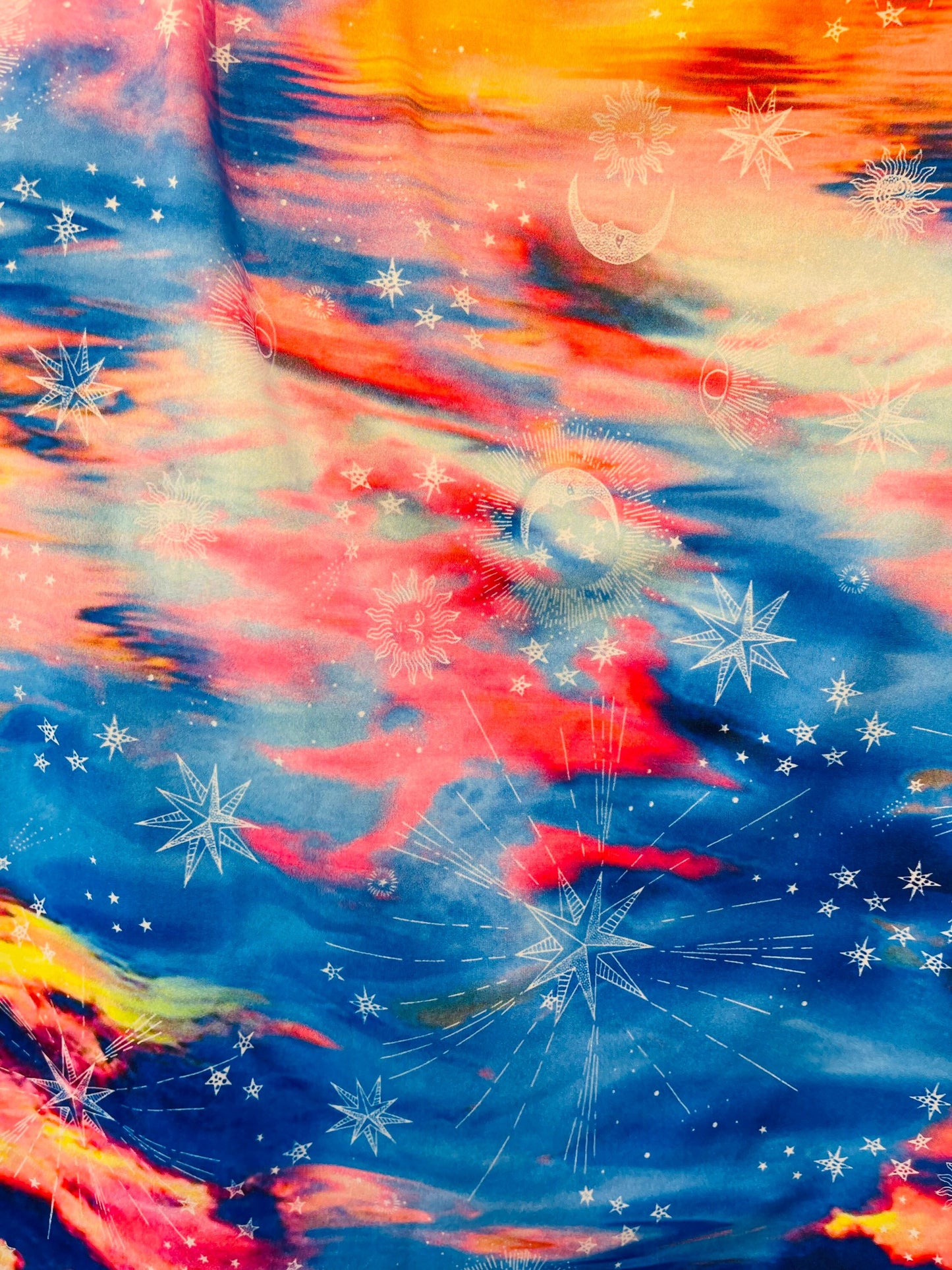 New Tie Dye celestial design print on great quality of nylon spandex 4-way stretch 58/60” Sold by the YD. Ships Worldwide from Los Angeles