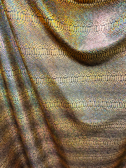 Exotic Snake design metallic poly spandex fabric 4-way stretch 58/60” Sold by the YD. Ships worldwide from Los Angeles California USA