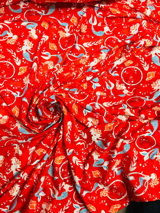 Mermaid design print on best quality of nylon spandex 4-way stretch 58/60” Sold by the YD. Ships worldwide from Los Angeles California USA.
